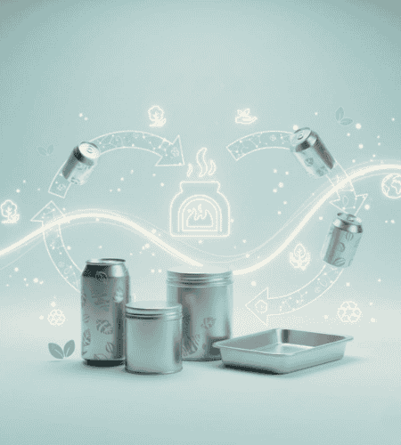 Assortment of aluminium cans, containers, and a tray, integrated with a circular recycling graphic that includes a furnace icon.