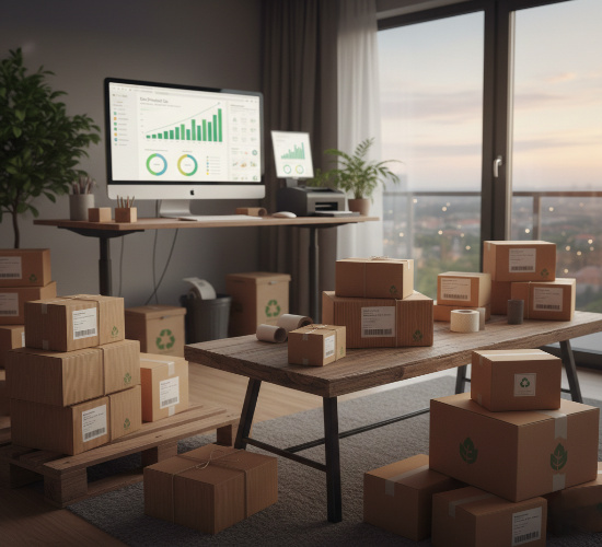 An office workspace filled with eco-friendly shipping boxes, featuring a computer monitor displaying growth charts and a sunset view through a large window.