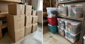 Side-by-side comparison of stacked cardboard boxes labeled with marker versus clear and colored plastic storage bins on metal shelving.
