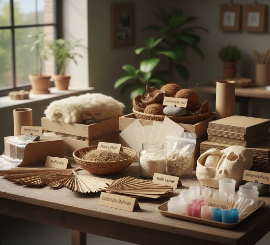 Assortment of sustainable packaging materials arranged on a table, including kraft paper, plant fibers, palm leaves, biodegradable containers, and natural textiles in a sunlit studio setting.