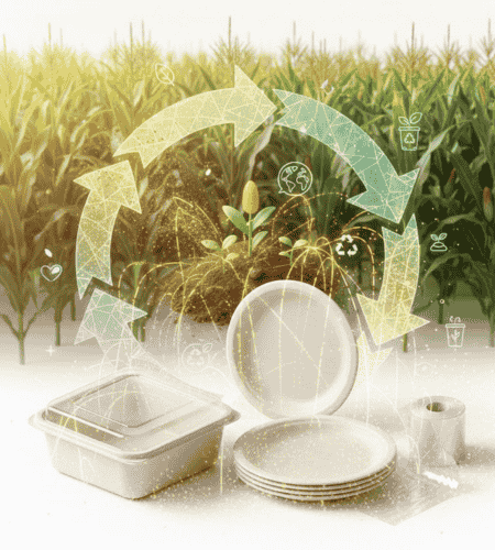 Corn-starch-based plates and containers are shown in front of a corn field with an overlaid recycling graphic, highlighting their renewable nature.