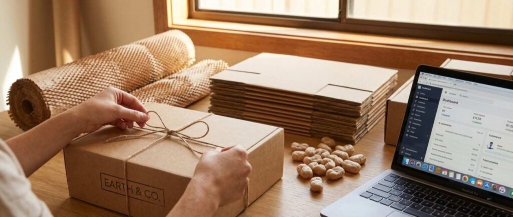 "A person’s hands tying a twine bow on a brown cardboard shipping box labeled 'EARTH & CO.' The wooden workspace is organized with eco-friendly packaging materials like honeycomb paper rolls, biodegradable packing peanuts, and a stack of flat mailers next to an open laptop displaying an e-commerce dashboard."