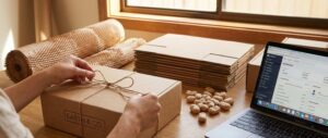 "A person’s hands tying a twine bow on a brown cardboard shipping box labeled 'EARTH & CO.' The wooden workspace is organized with eco-friendly packaging materials like honeycomb paper rolls, biodegradable packing peanuts, and a stack of flat mailers next to an open laptop displaying an e-commerce dashboard."