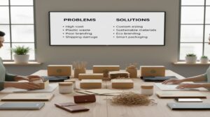 Professionals in a modern studio packing goods into eco-friendly branded boxes, with a background screen displaying a "Problems vs. Solutions" chart for sustainable e-commerce packaging.