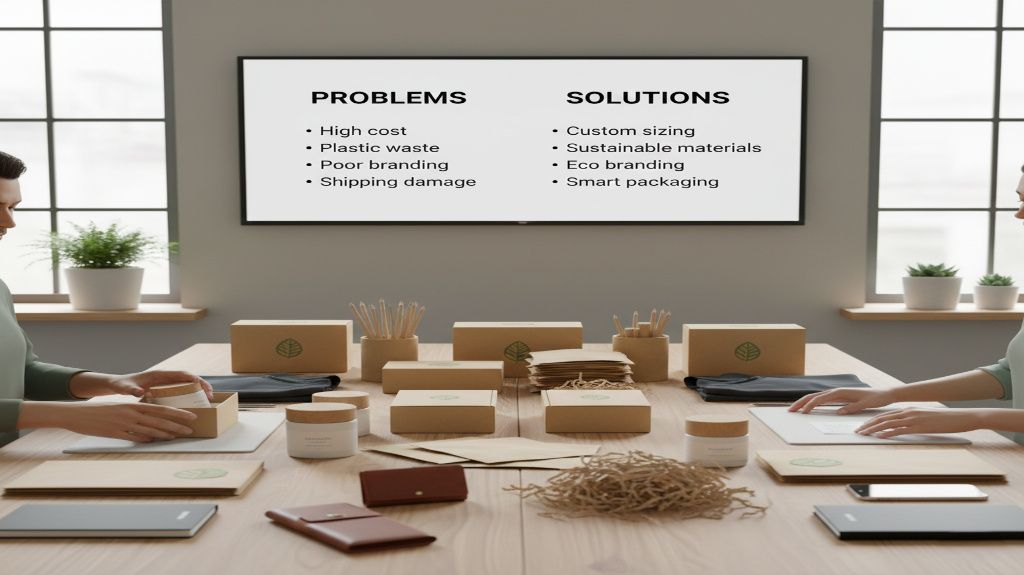 Professionals in a modern studio packing goods into eco-friendly branded boxes, with a background screen displaying a "Problems vs. Solutions" chart for sustainable e-commerce packaging.