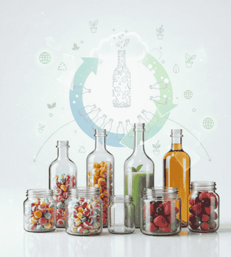 Assorted glass bottles and jars holding colourful candies, oils, and produce, positioned beneath a graphic representing the infinite glass recycling loop.