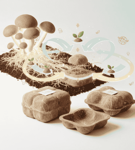 Mushroom mycelium packaging in protective shapes, shown beneath a large mushroom cluster and roots, illustrates its natural decomposition cycle into soil for new growth.