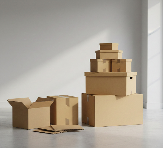 A stack and scattered arrangement of various-sized brown cardboard moving boxes in an empty room.