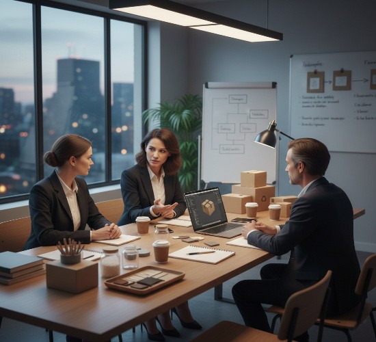 Three business professionals, two women and one man, are sitting around a table in a modern office. The table has cardboard boxes, notebooks, coffee cups, and a laptop showing a 3D box design. Behind them is a whiteboard with flowcharts related to packaging. Large windows show a city skyline at dusk. They appear to be discussing packaging strategies.