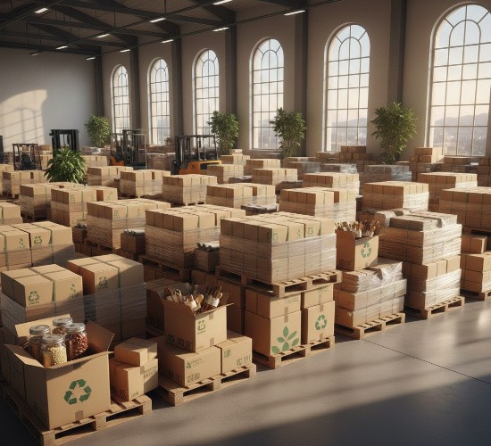 Large warehouse interior filled with neatly stacked cardboard boxes and pallets labeled with recycling symbols, illuminated by sunlight through tall arched windows, suggesting sustainable packaging and logistics.