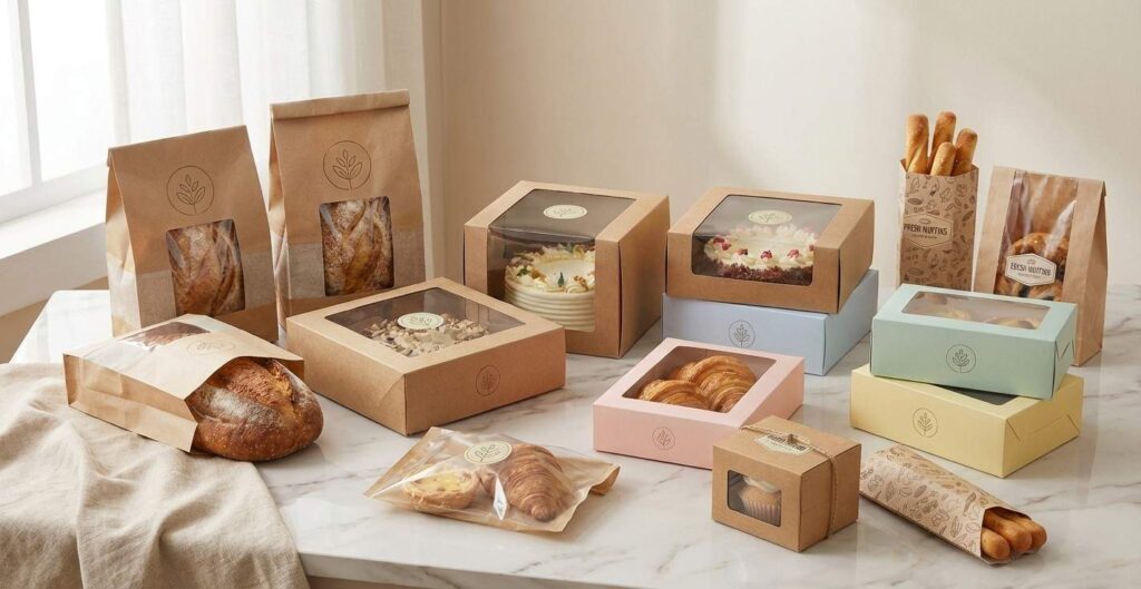 A collection of various bakery products packaged in eco-friendly brown kraft paper bags and boxes with transparent windows, arranged on a white marble surface. The packaging includes bread bags, cake boxes in natural wood and pastel colors, and small pastry wraps, all featuring minimalist leaf logos.