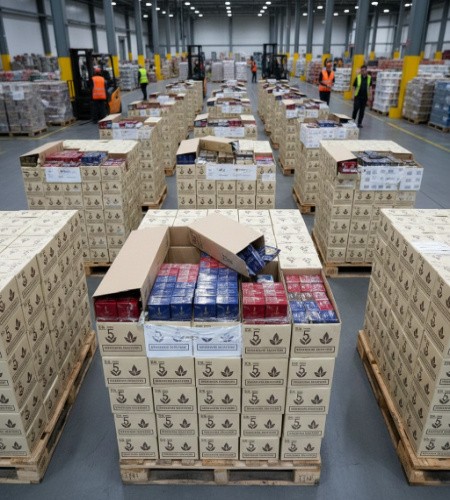 A vast warehouse floor is filled with neat rows of wooden pallets stacked high with cardboard cartons. The foreground features an open box revealing numerous smaller red and blue product packs, while workers and forklifts operate in the background of the industrial space.