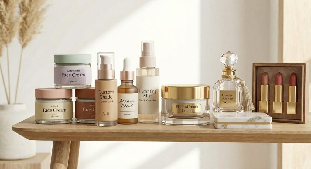 An assortment of high-end skincare and makeup products in minimalist packaging. The set includes glass jars of face cream, a foundation bottle labeled "Custom Shade," a serum dropper, a hydrating mist spray, a decorative perfume bottle, and a trio of lipsticks in a wooden box, all displayed on a light wood surface.