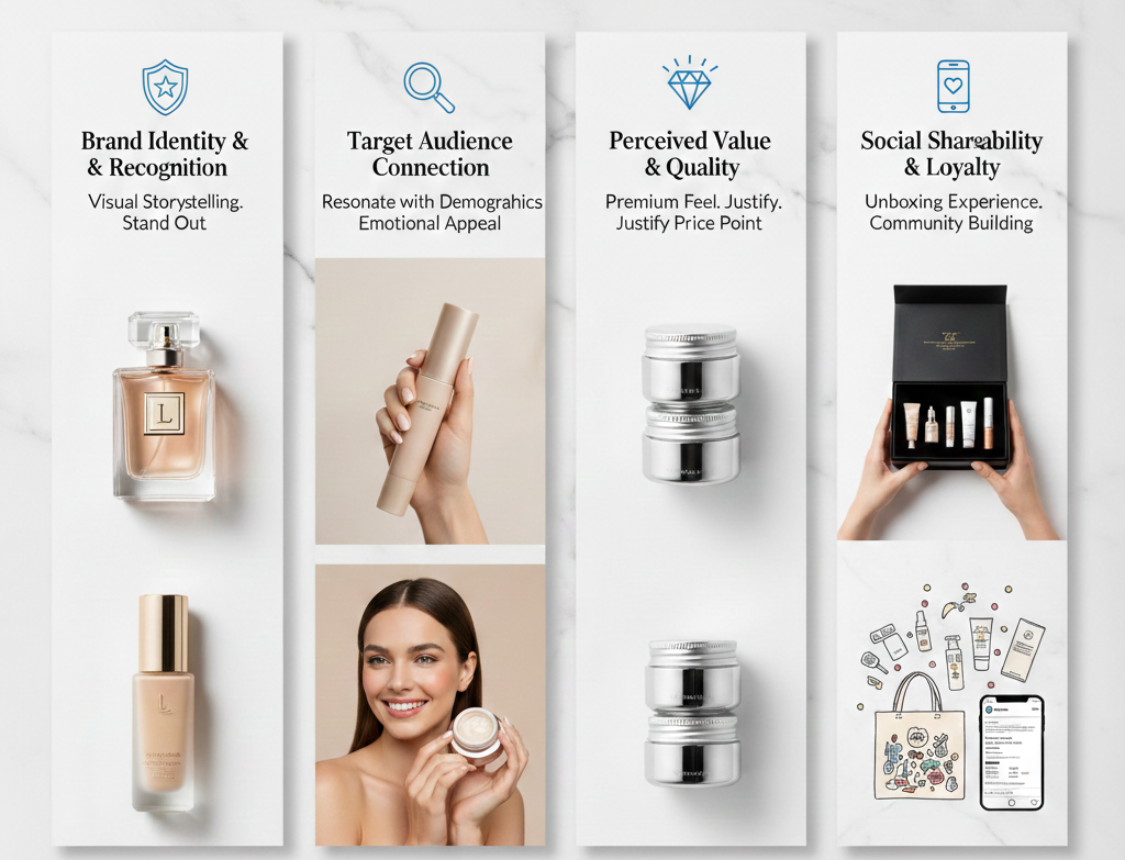 An infographic titled "Why Custom Packaging Matters in the Cosmetic Industry" featuring icons for market importance, brand values, and customer engagement.