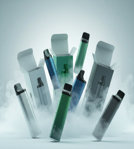 Disposable e-vape devices shown with open packaging, highlighting modern vape design, compact form, and single-use electronic cigarette products.