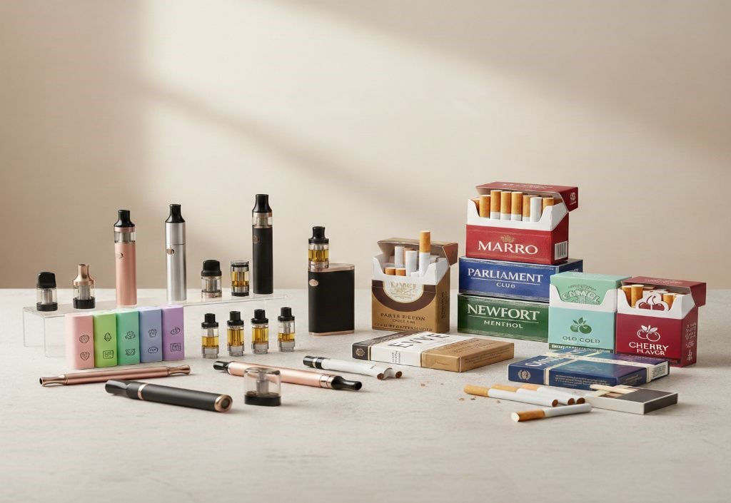 Various electronic vape devices, cartridges, and colorful juice pods alongside several traditional cigarette packs and loose cigarettes on a neutral surface.