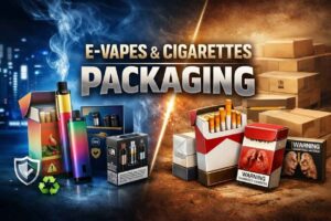 This graphic serves as a visual contrast between two generations of nicotine delivery systems, focusing heavily on their packaging design and branding strategies. Left Side (E-Vapes): This section features a futuristic, vibrant aesthetic with neon blue city lights and swirling vapor. It showcases sleek, rainbow-colored vape pens and multi-unit boxes. Prominent symbols include a shield icon (suggesting protection or safety) and a green recycling symbol, reflecting the industry’s push toward modern consumer values. Right Side (Cigarettes): In stark contrast, the right side uses a gritty, earth-toned industrial palette. It displays traditional red and white cigarette cartons and packs. Each pack prominently features graphic health warnings showing diseased lungs, alongside stacks of plain cardboard shipping boxes, emphasizing a more regulated and clinical industrial feel. Central Elements: The two worlds are divided by a dramatic, glowing diagonal light beam. The bold, metallic typography of the word "PACKAGING" sits at the center, acting as the primary focal point for the viewer and search engine indexing.