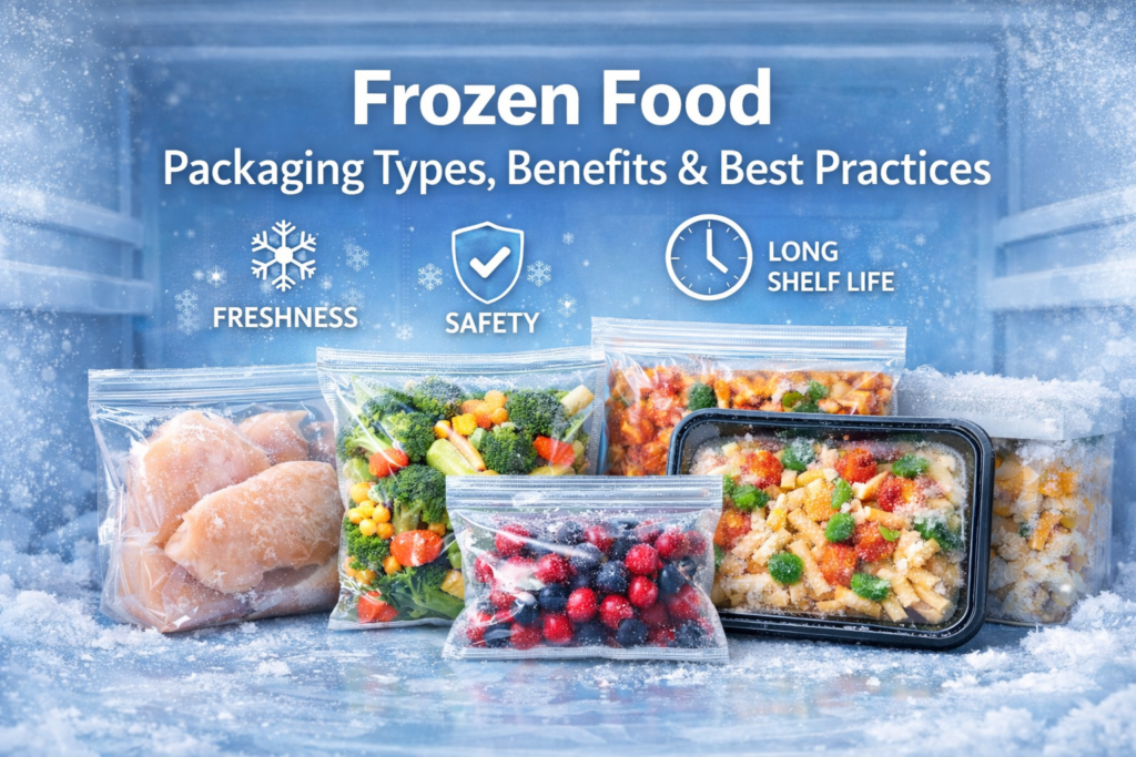 Frozen food products in clear packaging including chicken, vegetables, fruits, and ready meals inside a freezer, highlighting freshness, safety, and long shelf life – Frozen Food Packaging Types, Benefits & Best Practices."