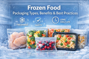 Frozen food products in clear packaging including chicken, vegetables, fruits, and ready meals inside a freezer, highlighting freshness, safety, and long shelf life – Frozen Food Packaging Types, Benefits & Best Practices."