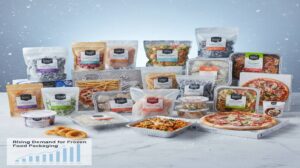 A variety of frozen food products displayed in different packaging types, including pouches, trays, and boxes, such as frozen vegetables, pizzas, pasta, and ready meals, illustrating the rising demand for frozen food packaging.