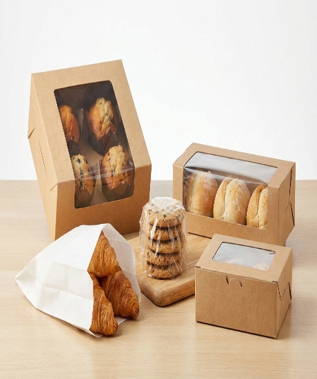 Assorted bakery products in kraft paper boxes with windows, a white paper bag, and plastic-wrapped cookies.