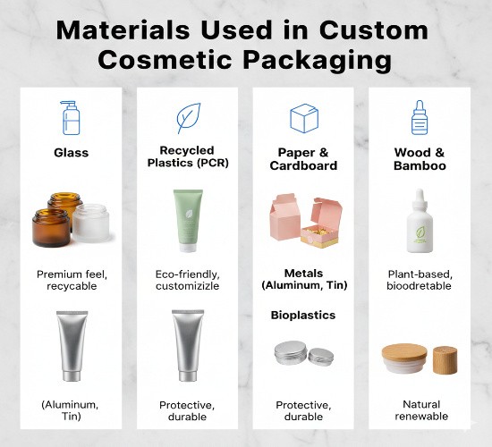 An infographic titled "Why Custom Packaging Matters in the Cosmetic Industry" featuring five icons and corresponding photos of product packaging and customer engagement.