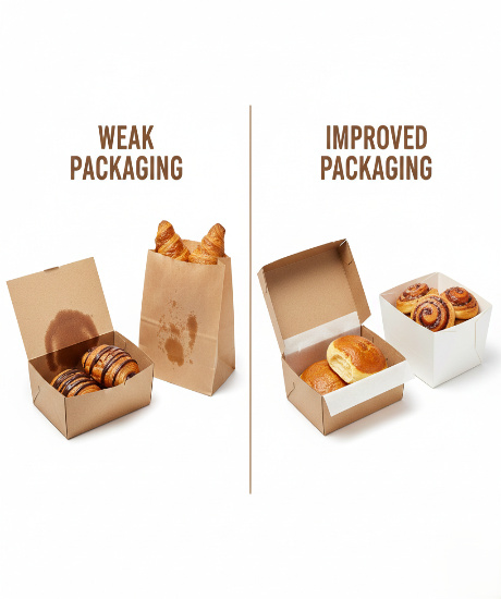 A side-by-side comparison showing "Weak Packaging" on the left with grease stains on a brown box and bag, and "Improved Packaging" on the right featuring clean, lined boxes and sturdy white containers.