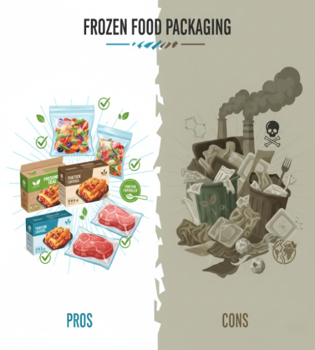An infographic titled "Frozen Food Packaging" split into two sides: "PROS" on the left and "CONS" on the right. The left side features vibrant, clean packaging for vegetables, meals, and meats with green checkmarks and "portion controlled" icons. The right side uses muted grey tones to show overflowing trash bins, factory smoke, and a skull-and-crossbones symbol to represent environmental waste and pollution.
