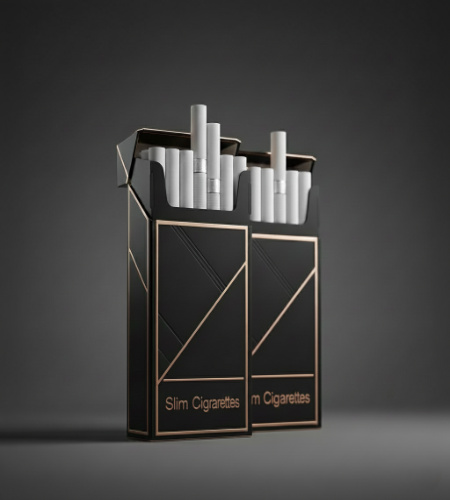 Two sleek, tall black cigarette packs with elegant gold geometric lines and "Slim Cigarettes" text are shown standing together. The packs are open to reveal several thin, white-filtered cigarettes against a dark, moody background.