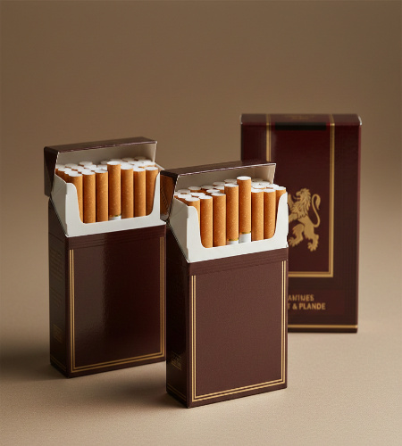 Traditional-Cigarettes.jpeg Two open packs of cigarettes with orange filters standing upright are positioned in the foreground, showcasing a full set of cigarettes. A third closed pack featuring a gold lion emblem on a dark maroon background sits slightly behind them against a neutral tan backdrop.