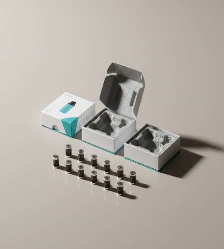 Vape pod packaging displayed with open boxes and multiple refillable pods, showing compact pod systems and protective packaging design.