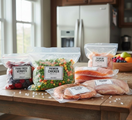 Various clear plastic bags and vacuum-sealed packages containing frozen vegetables, berries, chicken, shrimp, and salmon on a wooden table.