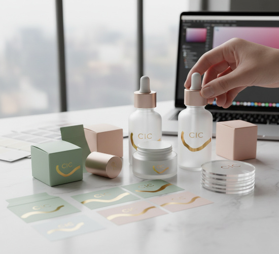 A variety of luxury skincare and fragrance products in minimalist glass and gold packaging displayed on a wooden shelf.