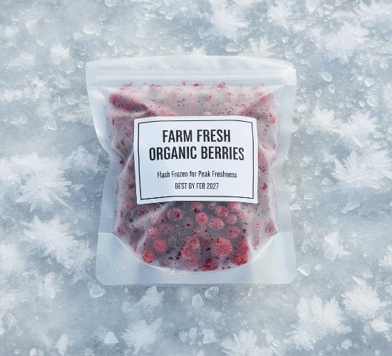 A resealable stand-up pouch containing frozen organic berries resting on a bed of ice crystals.