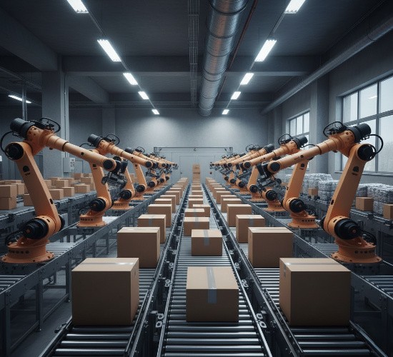 Automated packaging machinery assembling cardboard boxes in a factory, representing AI-driven packaging solutions