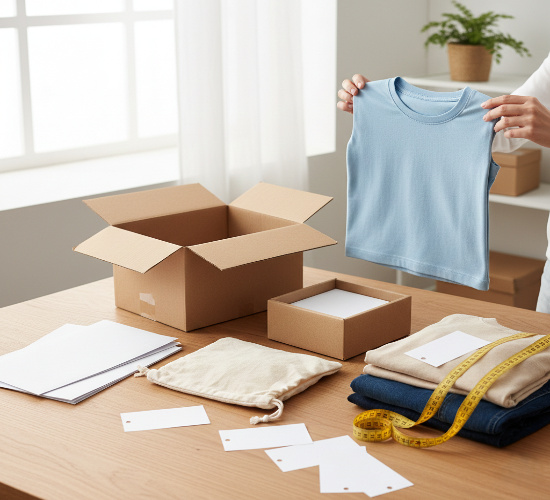 A person holding a blue shirt over a wooden table featuring open cardboard boxes and folded garments.