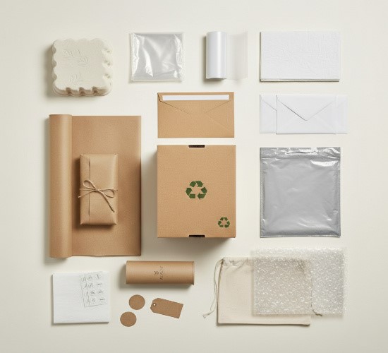 A top-down grid of sustainable supplies, including recycled boxes, Kraft paper, twine, and compostable mailers.