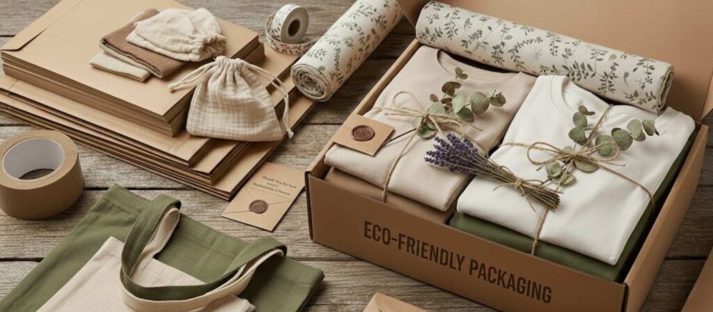 Sustainable clothing packaging box labeled "Eco-Friendly" containing folded shirts tied with twine and lavender on a wooden table.