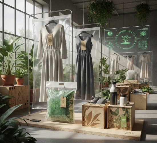 A futuristic retail space with garments in bio-plastic covers and digital sustainability displays.