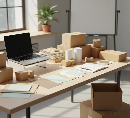 Packaging samples and materials on a desk showing how brands plan and prepare for future packaging trends