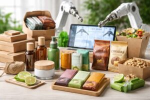 Sustainable eco-friendly product packaging displayed with robotic arms and automated manufacturing technology.