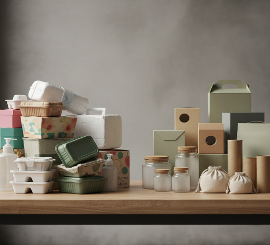 Comparison of traditional packaging and modern sustainable packaging showing how packaging trends are changing in 2026