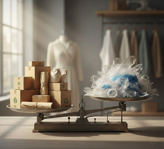 A balance scale weighing eco-friendly cardboard and fabric bags against a pile of plastic waste in a clothing studio.